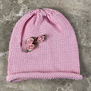 Pink Rib Knit Baby Hat with Rosebud Detail & Roll Edge One Size
